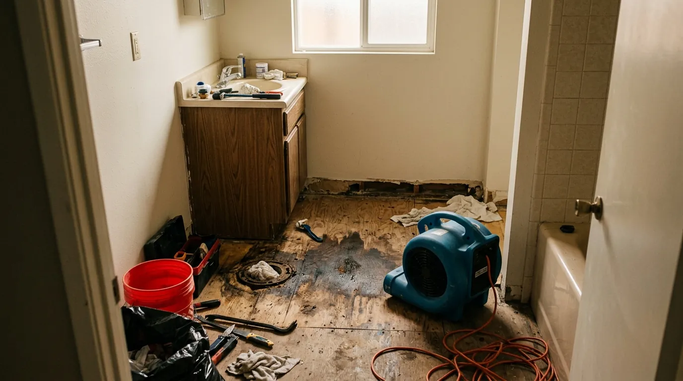 Reseda tract home bathroom with the toilet pulled and the subfloor drying