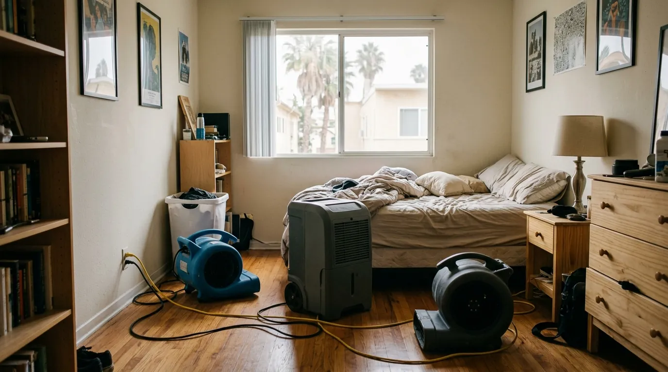 Dehumidifier and two air movers in a small bedroom