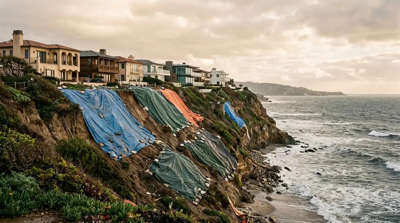 Coastal Orange County bluff-top homes with tarps on the slope after a winter storm