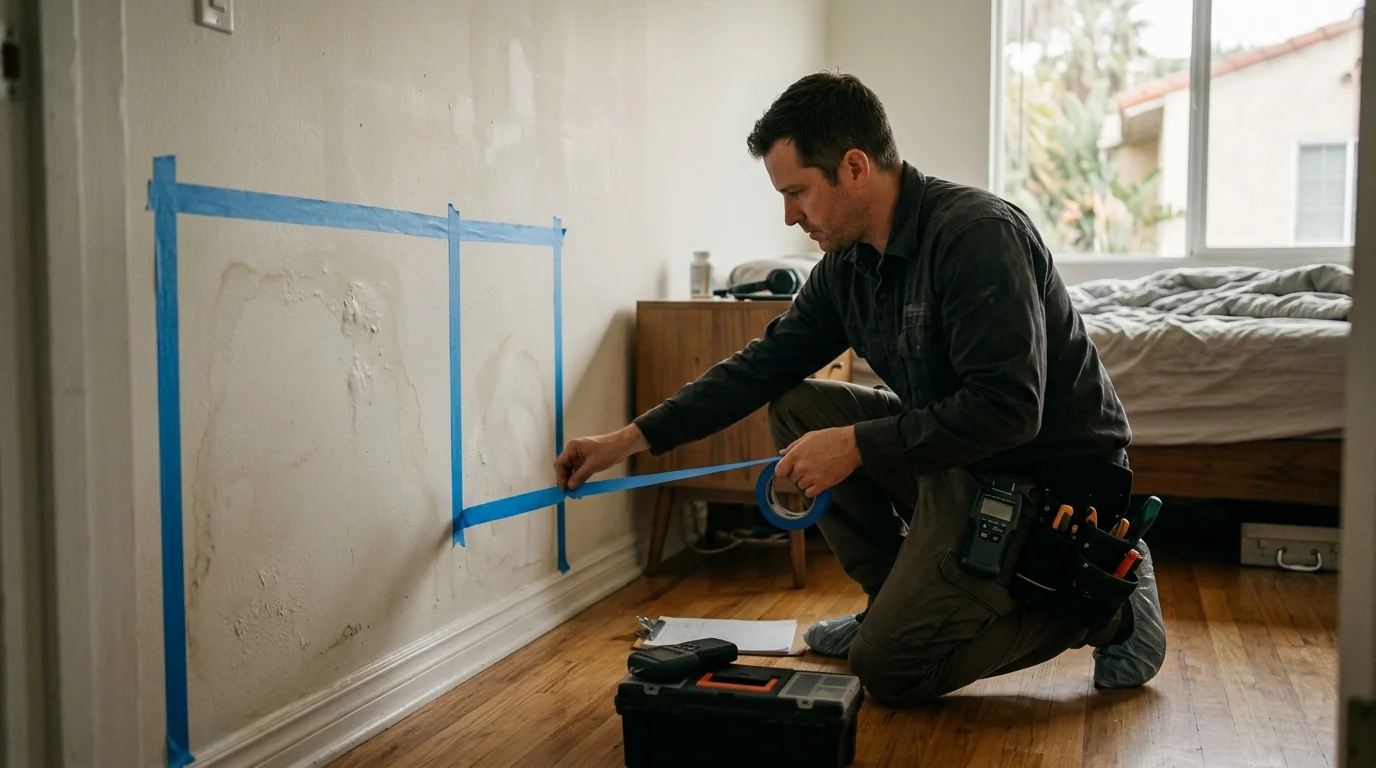 Technician marking wet zones with tape in a Los Angeles bedroom