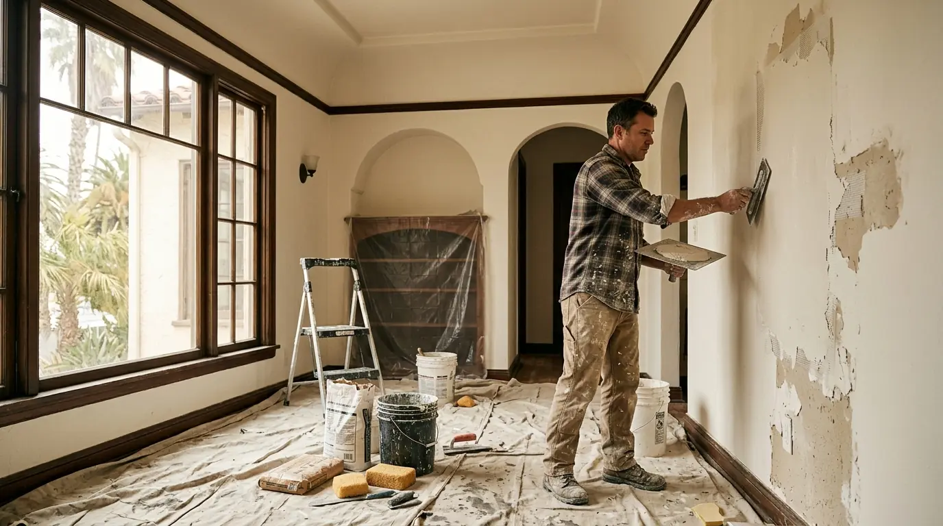 Plaster ceiling being dried with an air mover