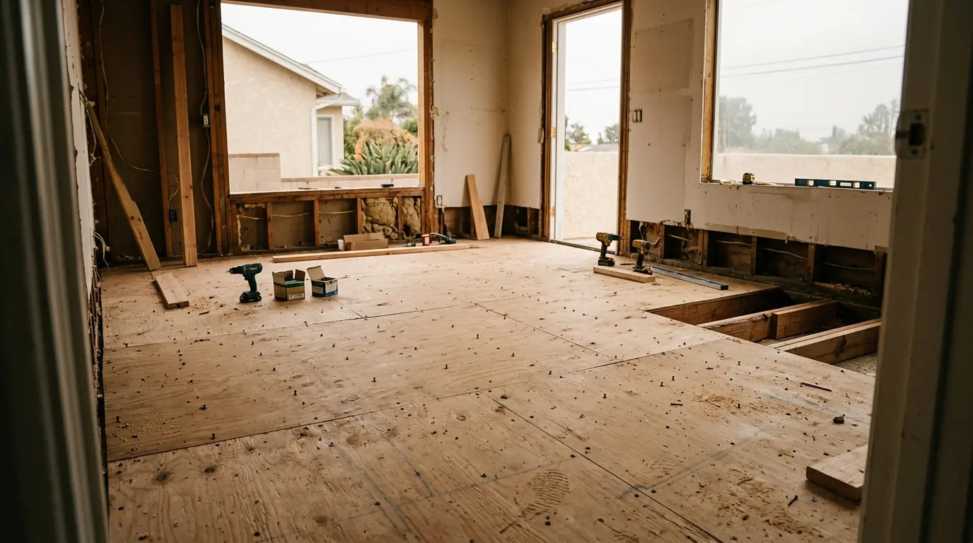 Rotted subfloor removed around a toilet flange