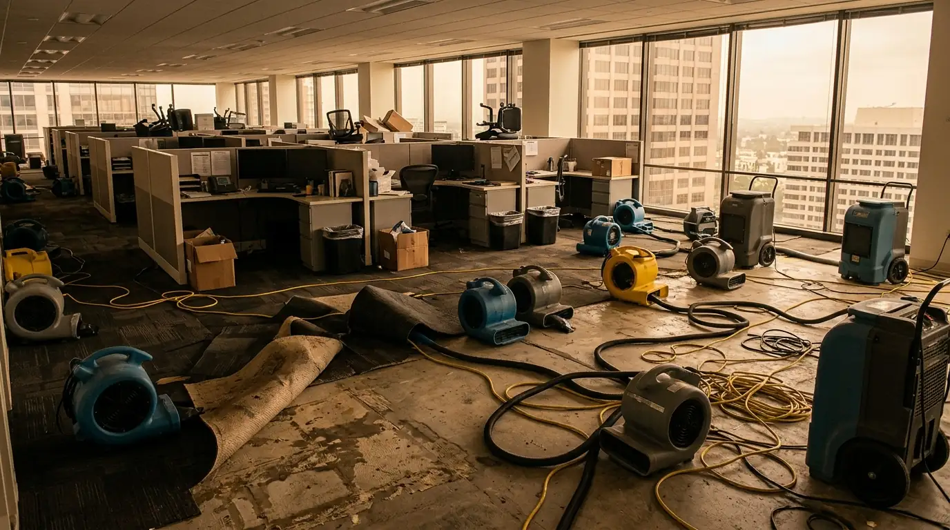 Office with carpet lifted and drying equipment overnight in a high-rise
