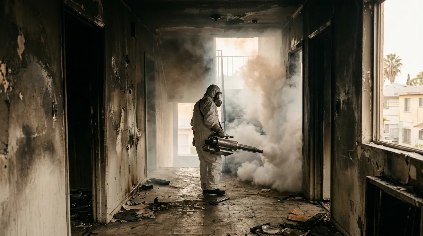 Technician sealing a subfloor with odor-blocking primer