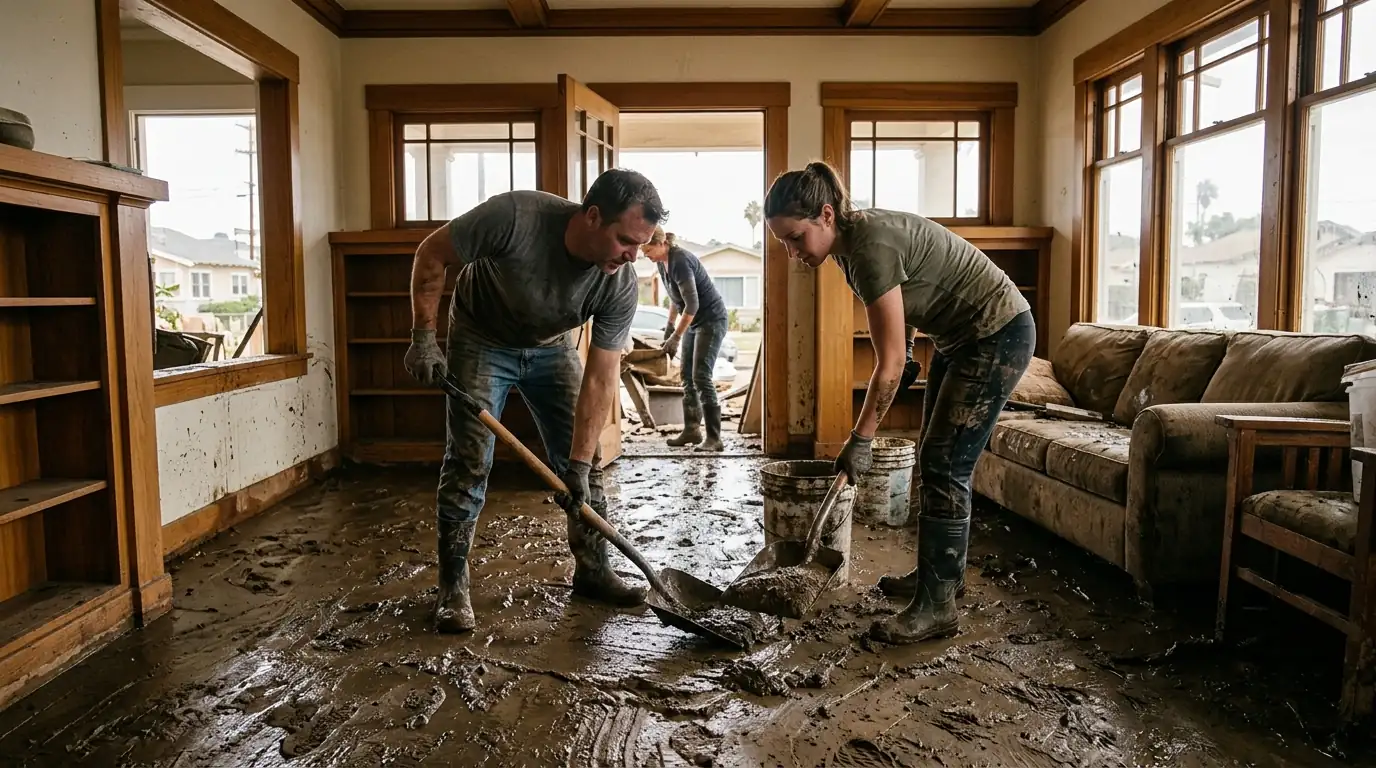 San Diego home with storm water across a ground-floor room and air movers