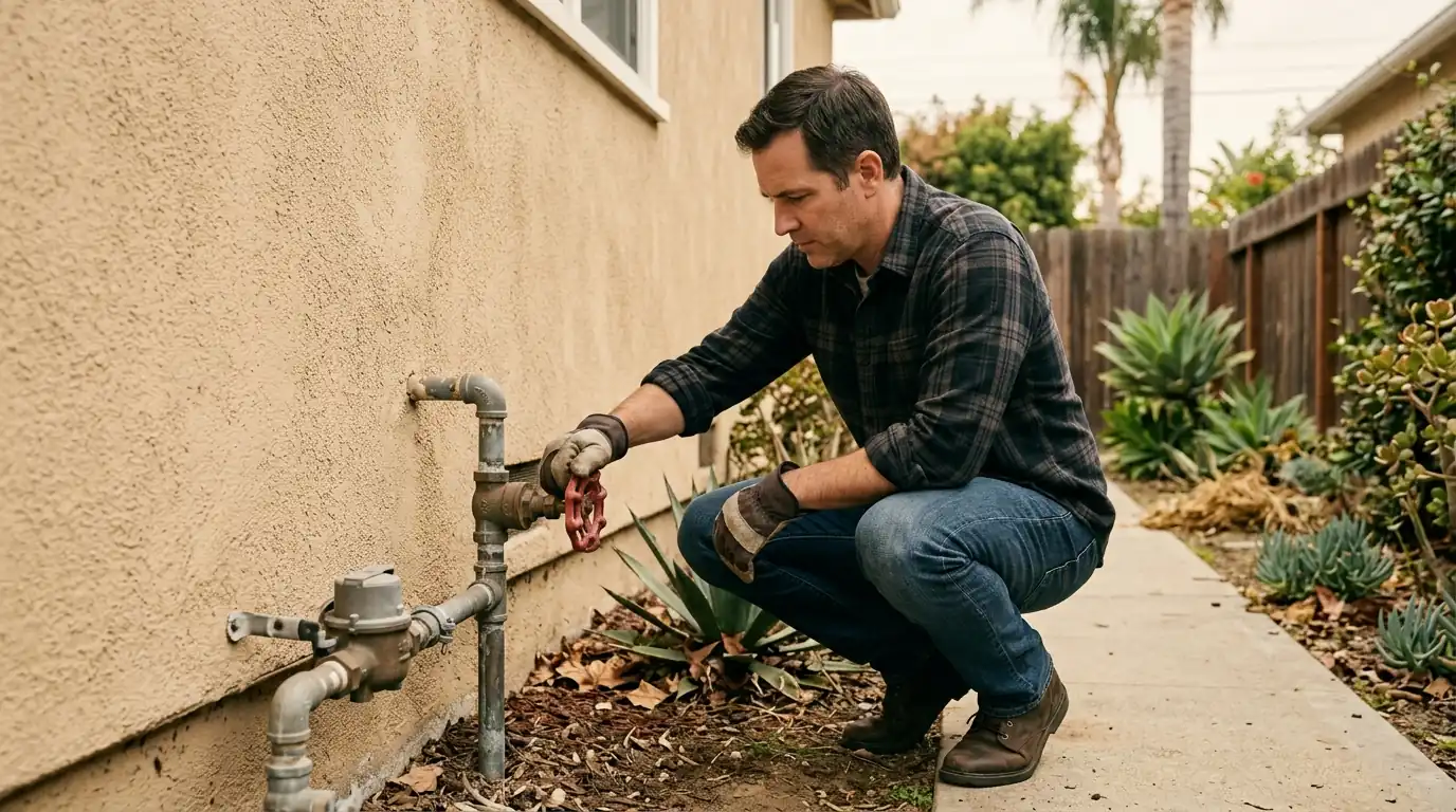 Homeowner shutting off the main water valve at a stucco house