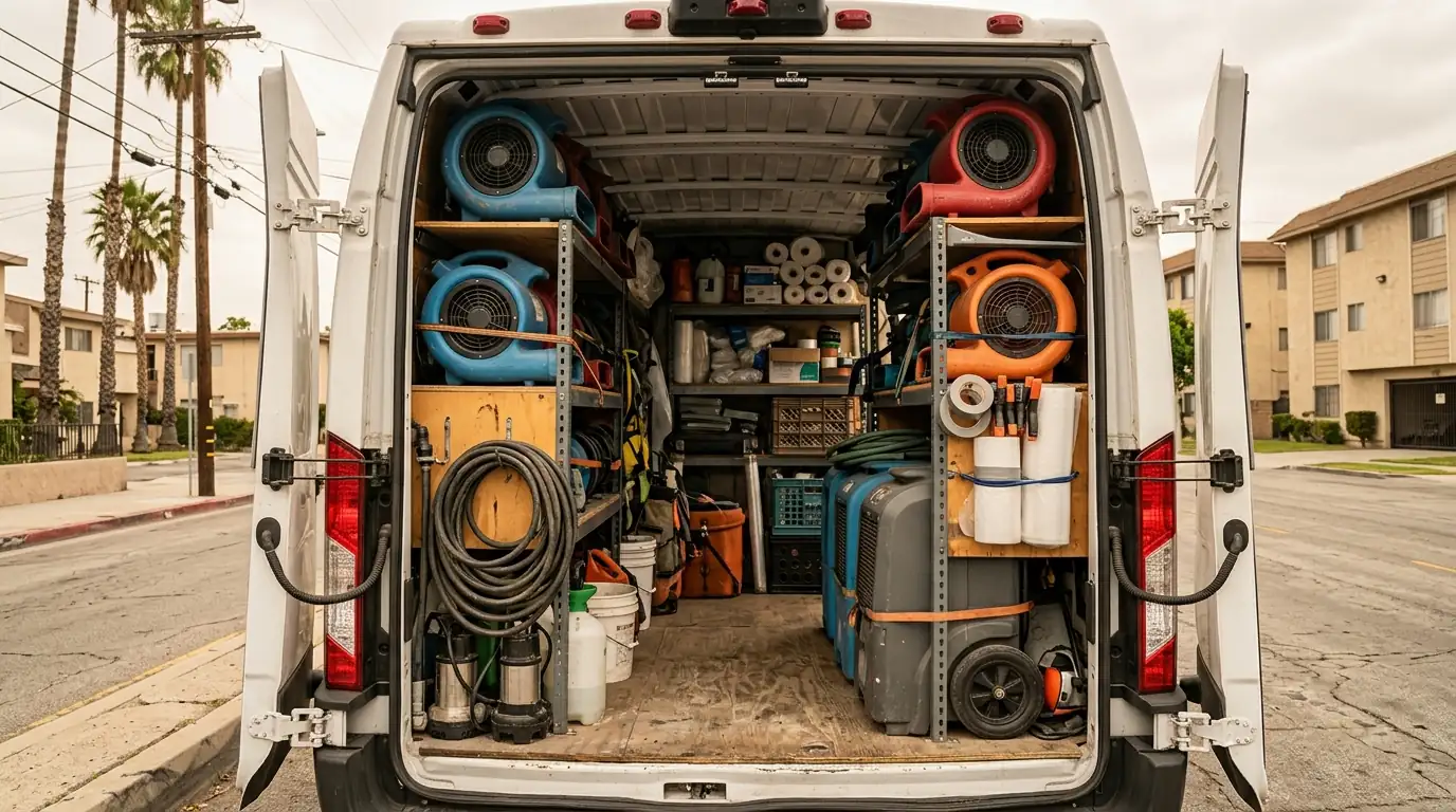 Restoration van shelves stocked with air movers and pumps in Los Angeles