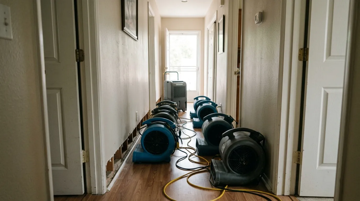 Northridge single-story home hallway with air movers along a wet wall