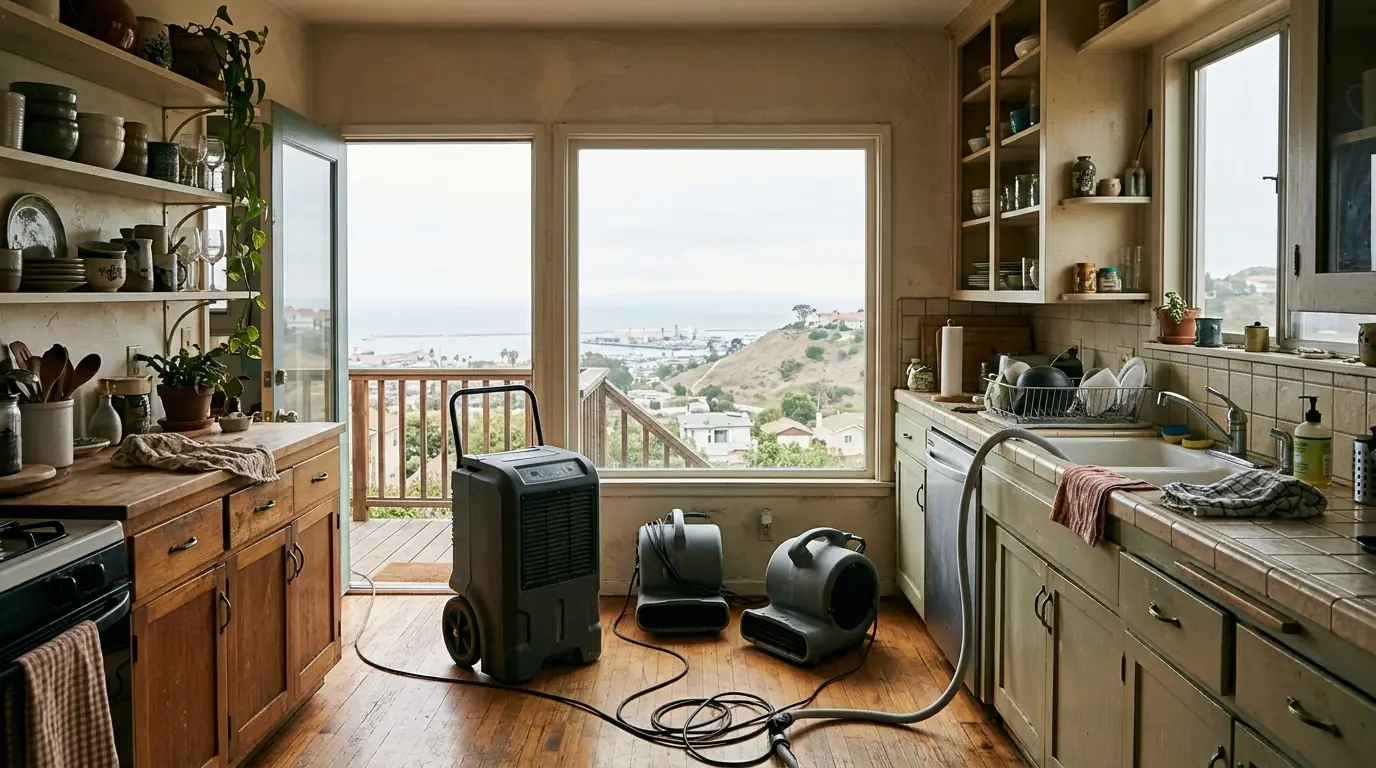 San Pedro hillside home with ocean view and drying equipment in a kitchen