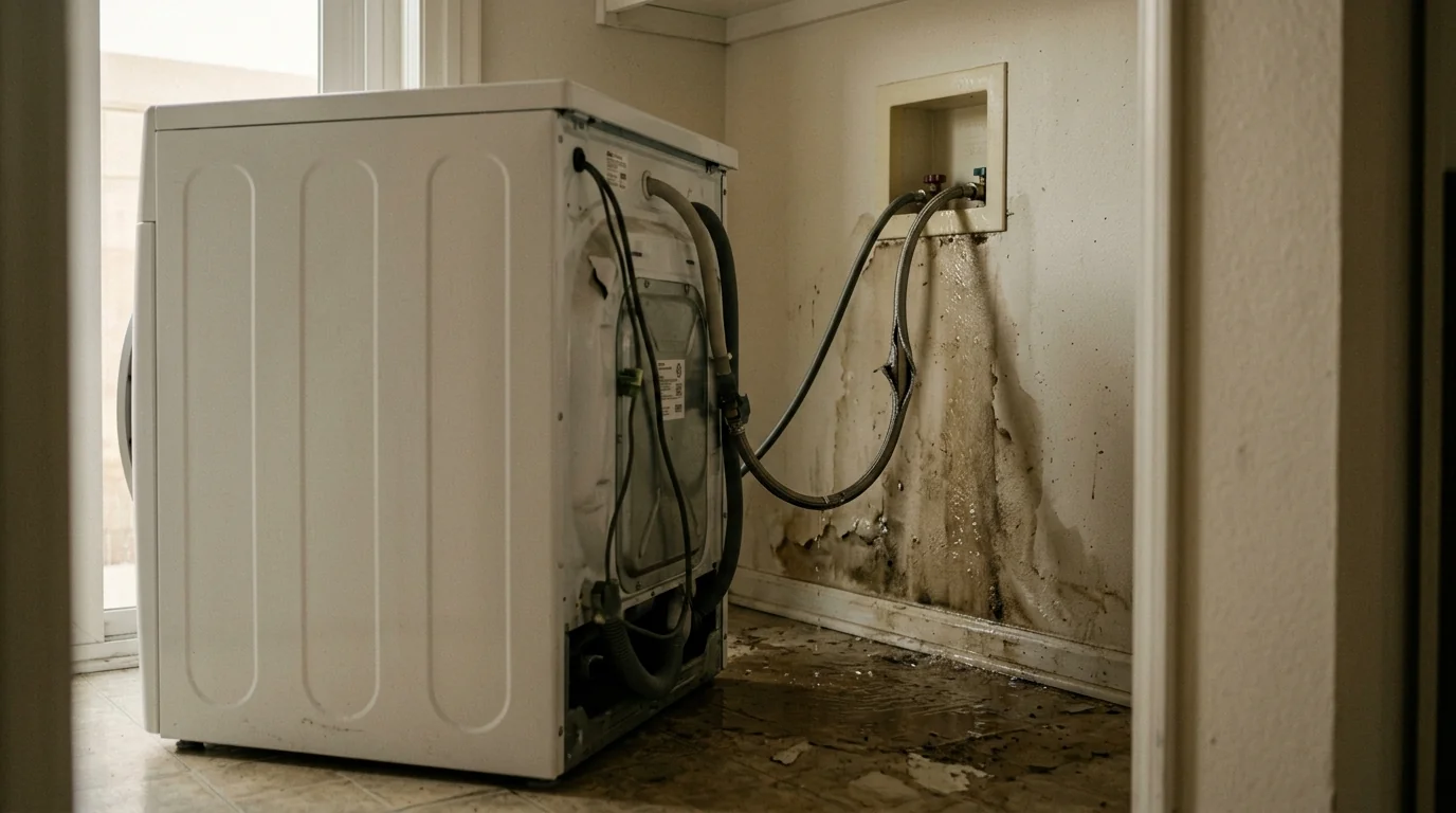 Water heater closet with a leak spreading across the floor