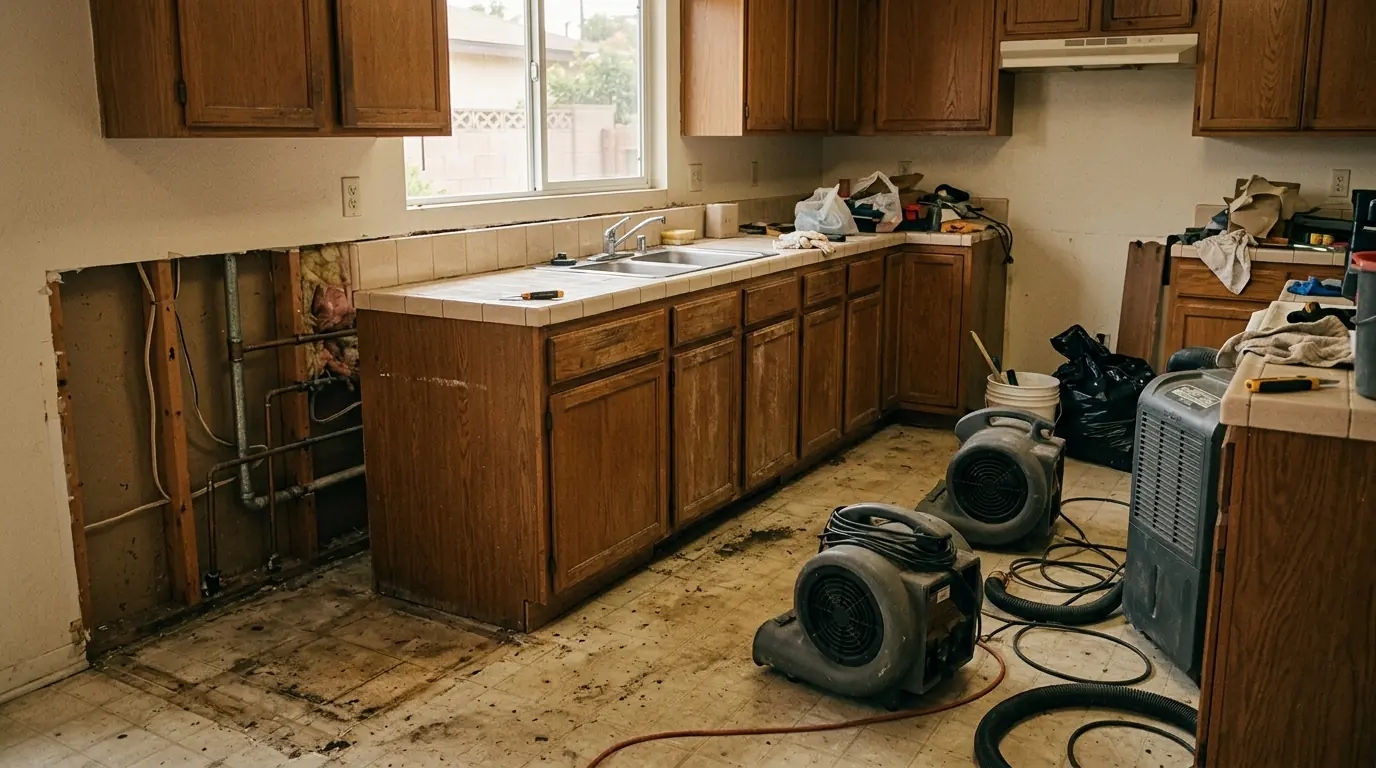 Pacoima stucco bungalow kitchen with base cabinets pulled for drying