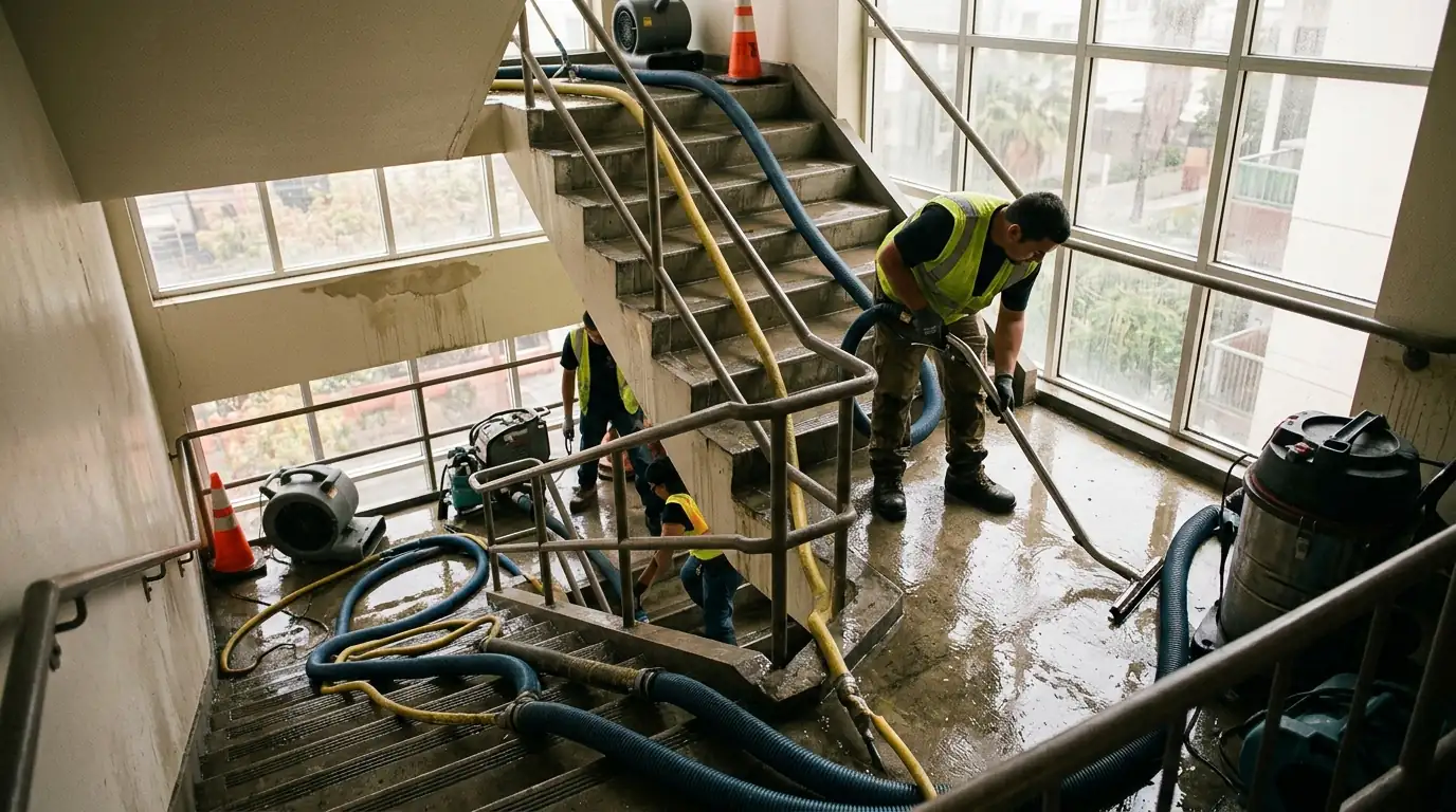 Water pooled on an office floor below a broken sprinkler pipe