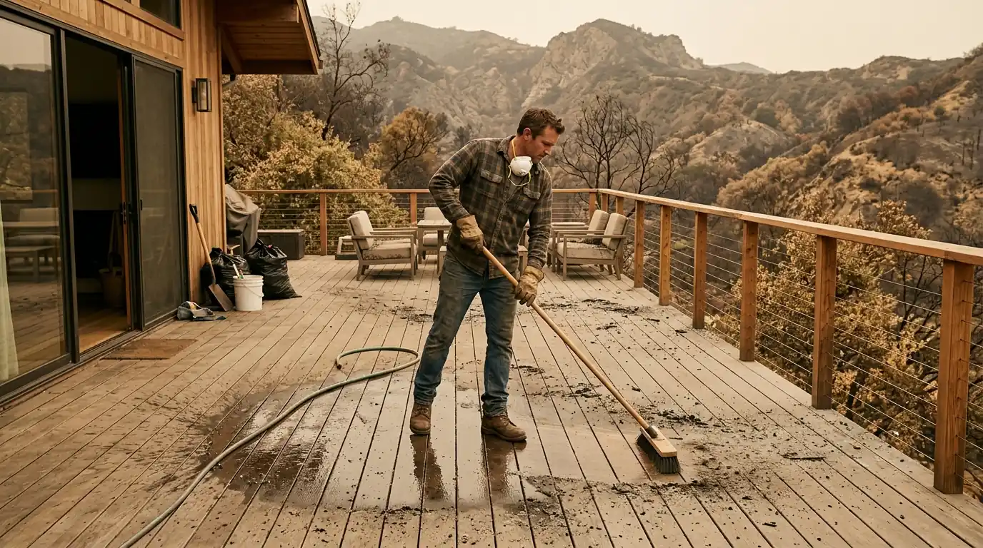 Malibu canyon home with ash on the deck being cleaned after a wildfire