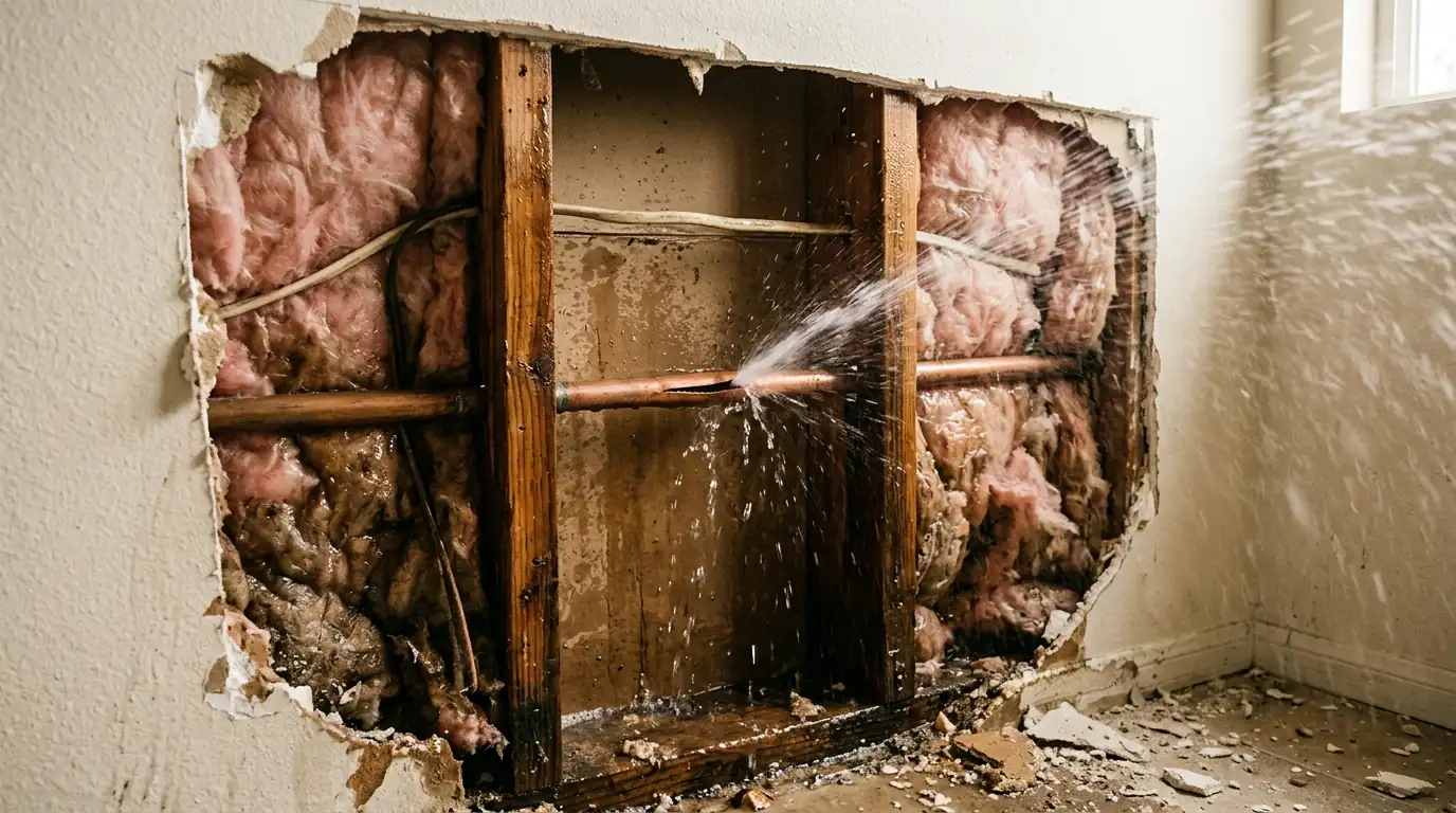 Pinhole leak on a corroded copper line dripping onto a subfloor