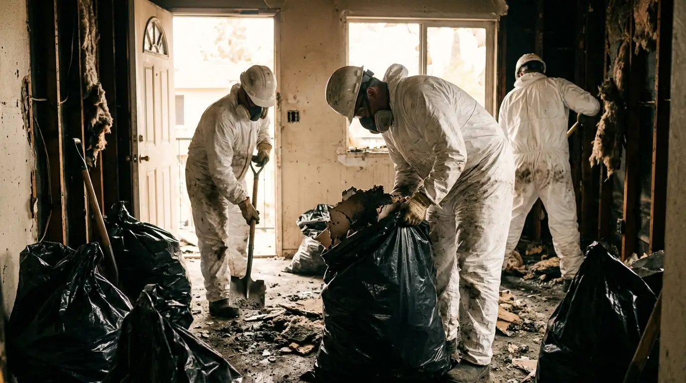 Restoration crew removing burned drywall and insulation