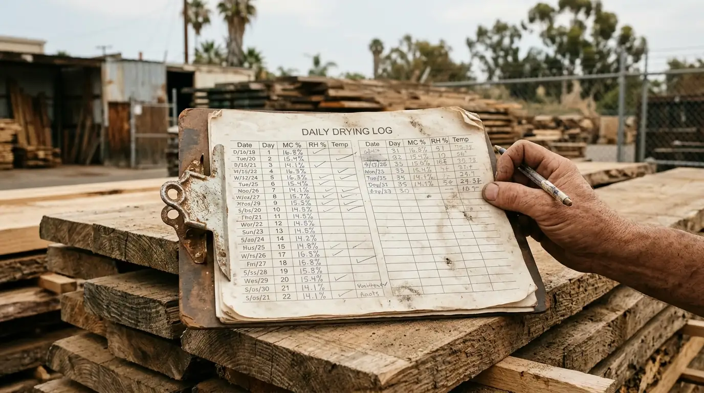 Drying log with day-by-day readings on a clipboard