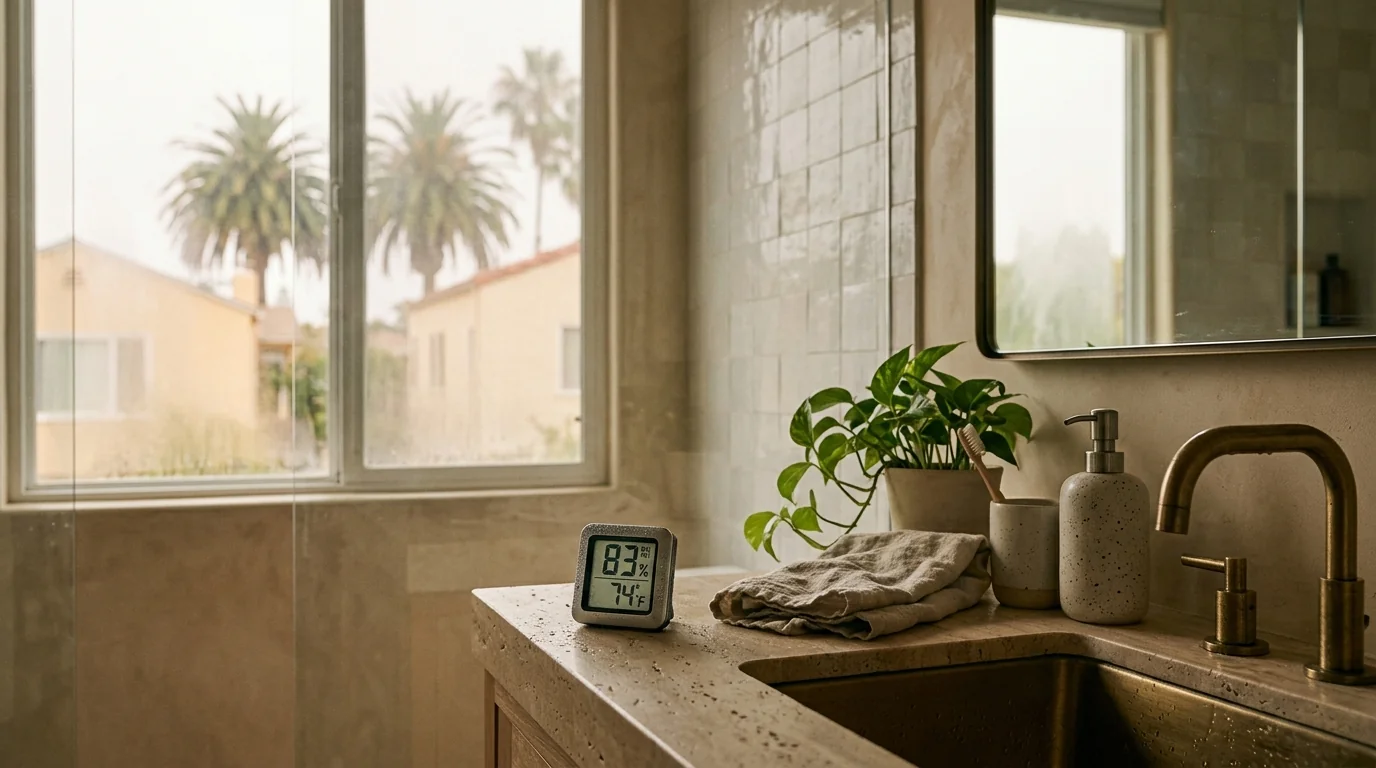 Hygrometer showing high humidity on a bathroom counter