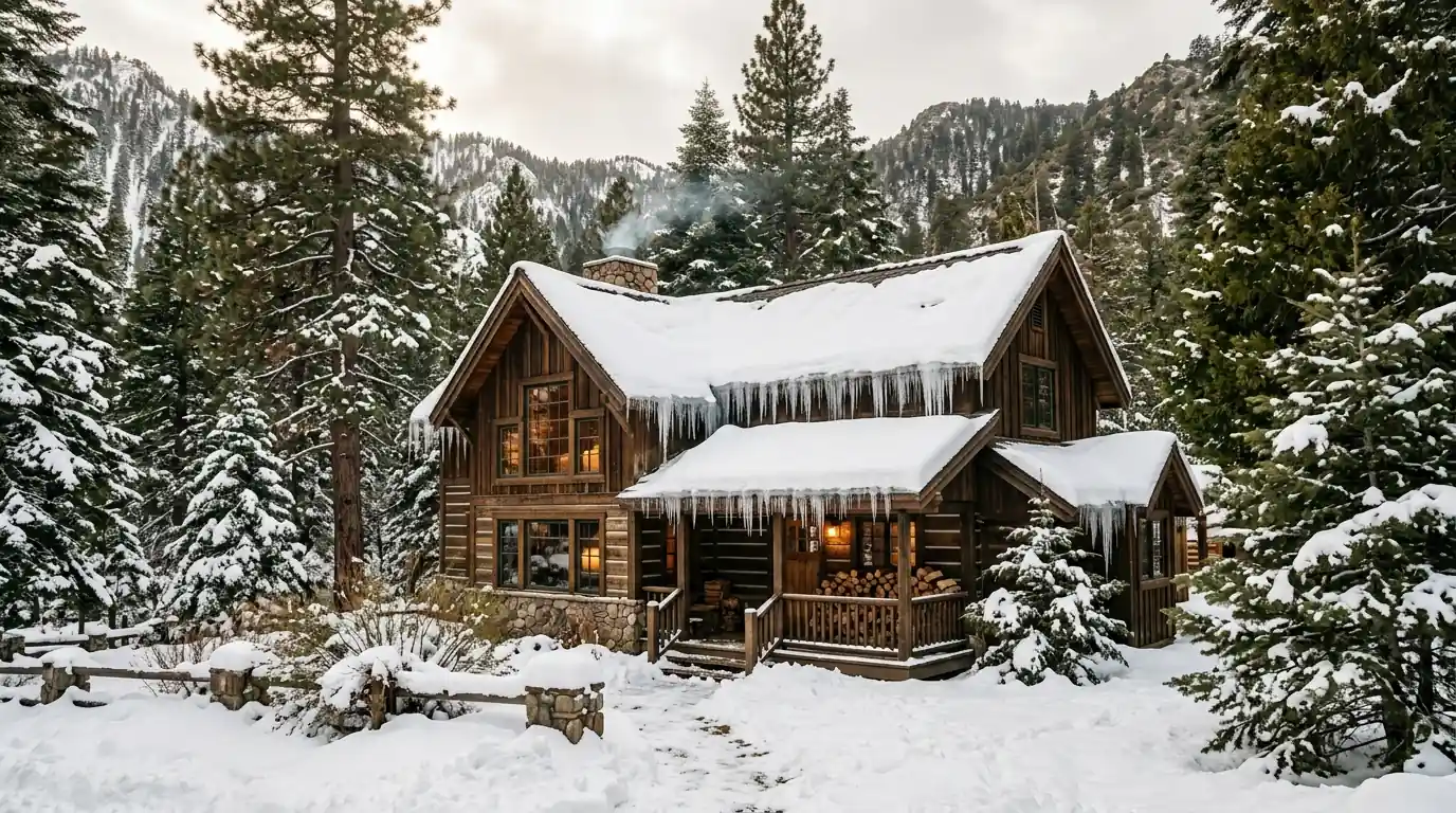 Snow-covered mountain cabin in the San Bernardino Mountains with icicles along the roof edge