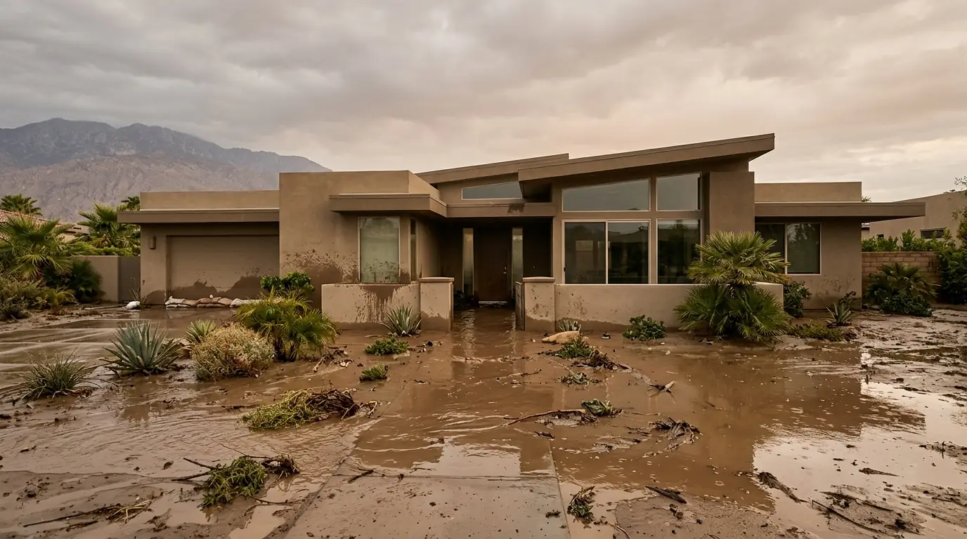 Coachella Valley desert home with mud and floodwater at the front door after a summer storm