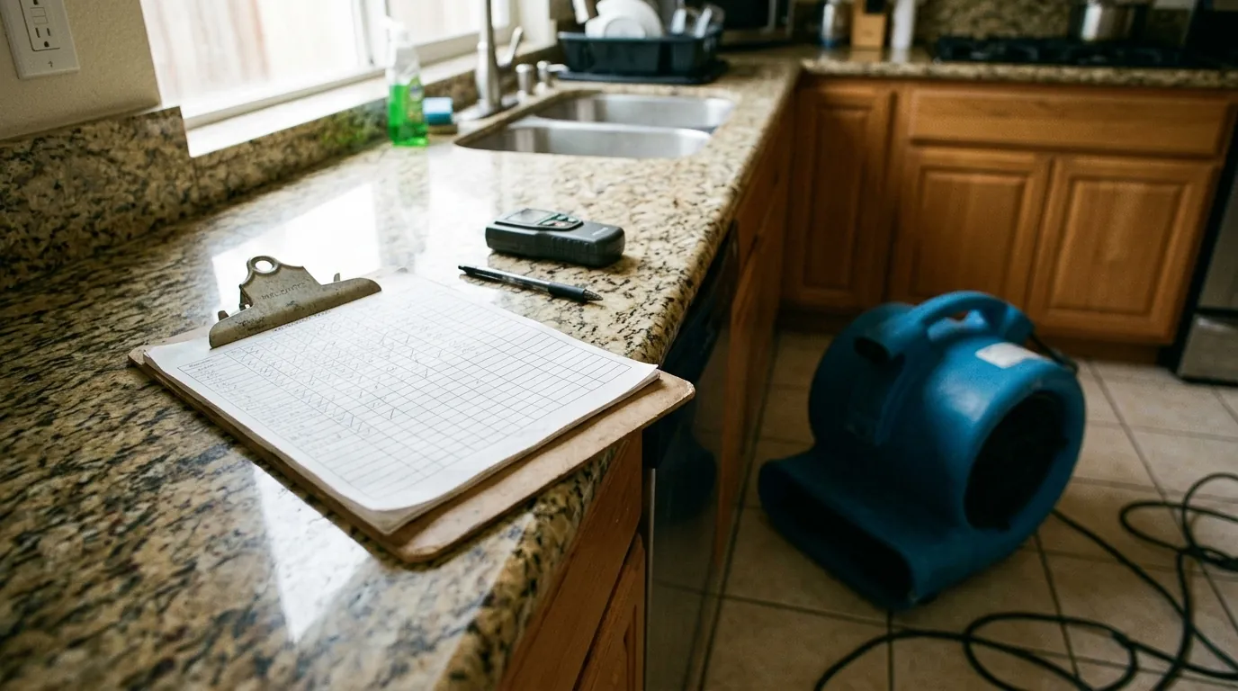 Drying log with daily readings on a kitchen counter