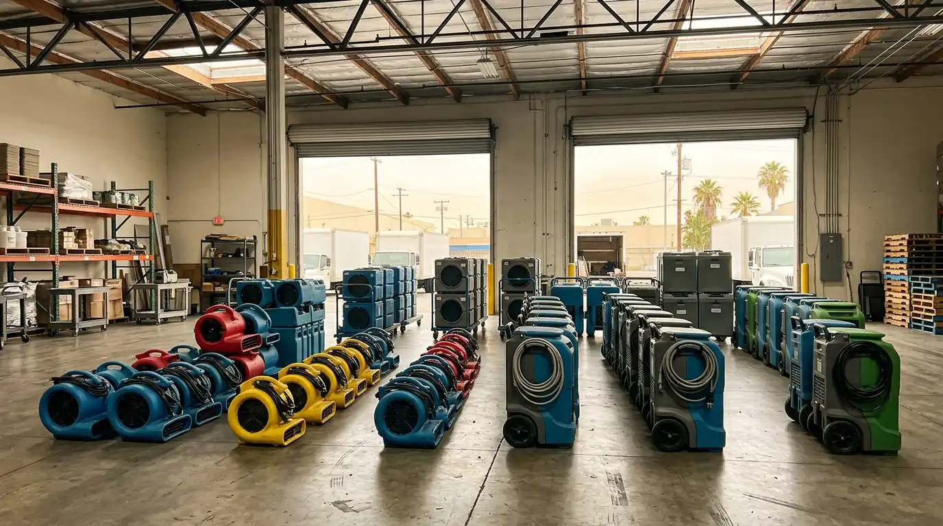 Restoration equipment staged on carts in a Los Angeles warehouse