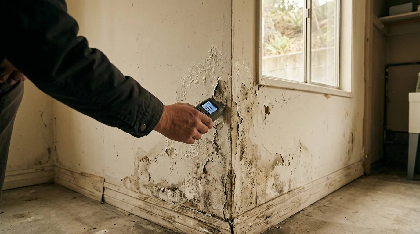 Sherman Oaks hillside home lower room with a moisture meter on a damp wall