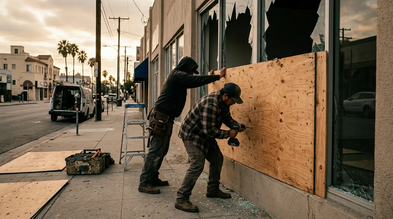 Plywood board-up fastened over a storefront window in Los Angeles