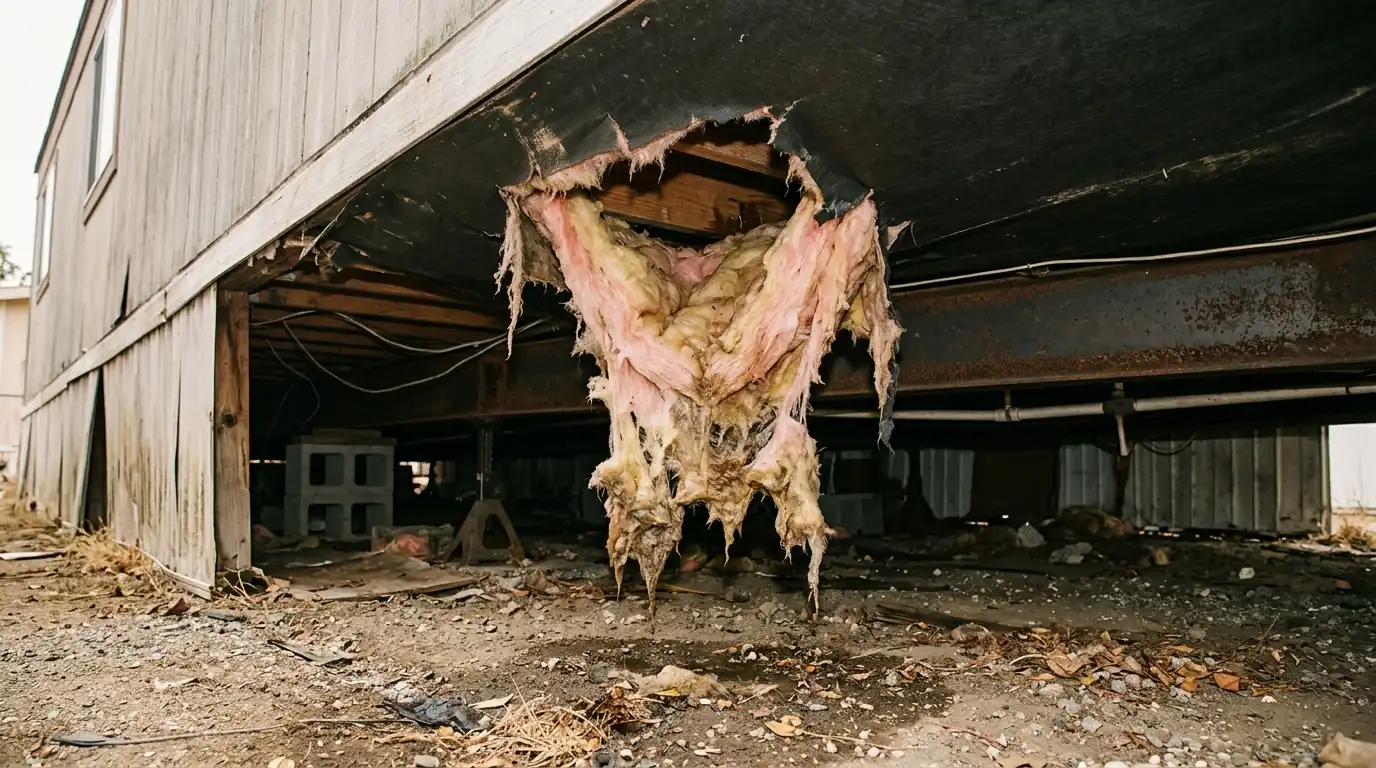Torn belly board sagging with wet insulation under a manufactured home