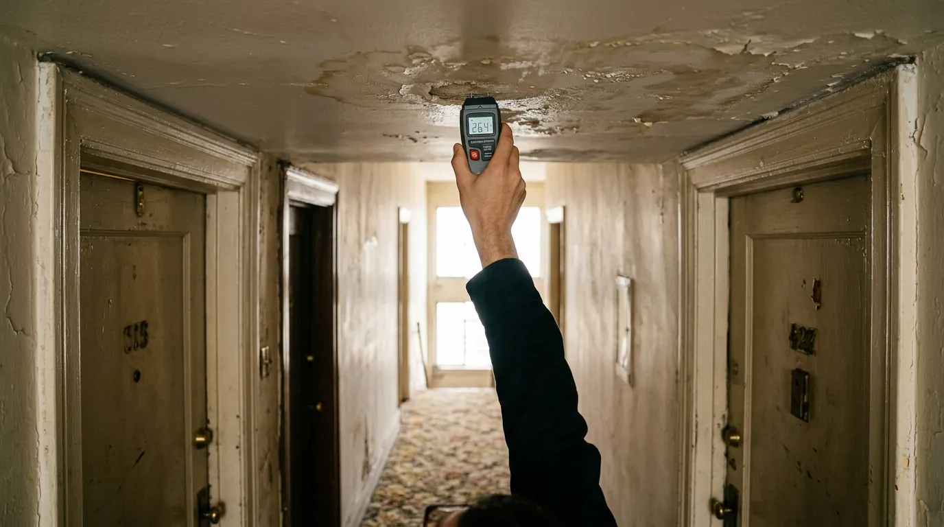 Koreatown older apartment building corridor with a stained ceiling and a moisture meter reading