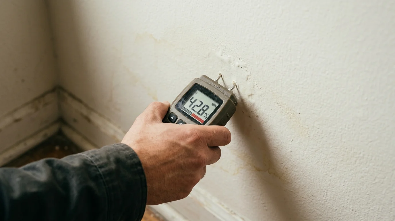 Moisture meter pressed against drywall showing a wet reading
