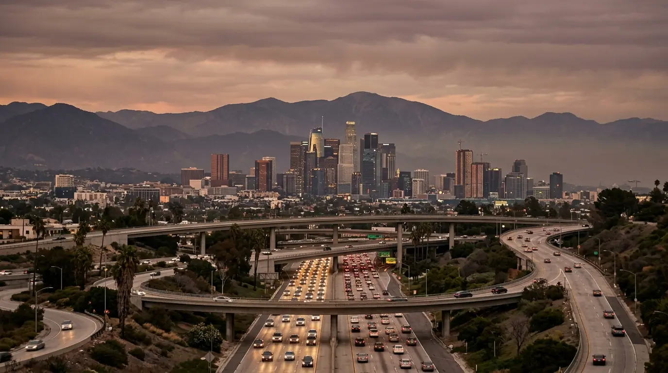 Los Angeles freeway interchange at dusk with the mountains behind