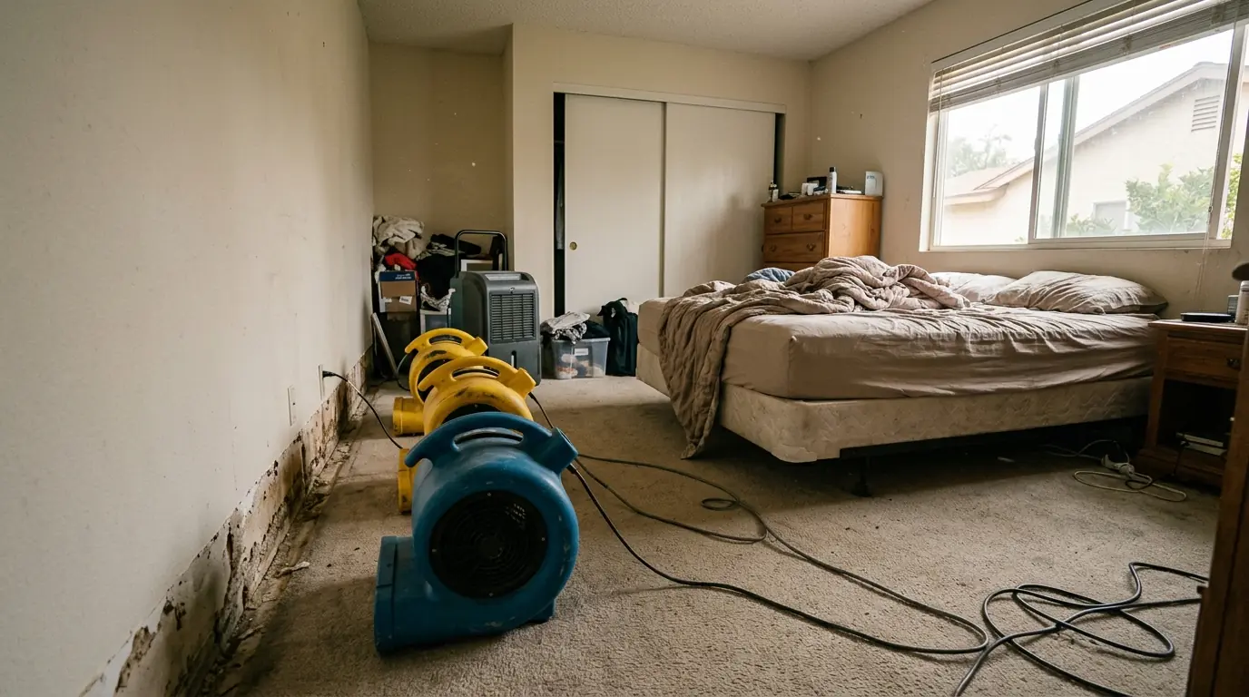 Anaheim single-story home bedroom with air movers along a wet wall