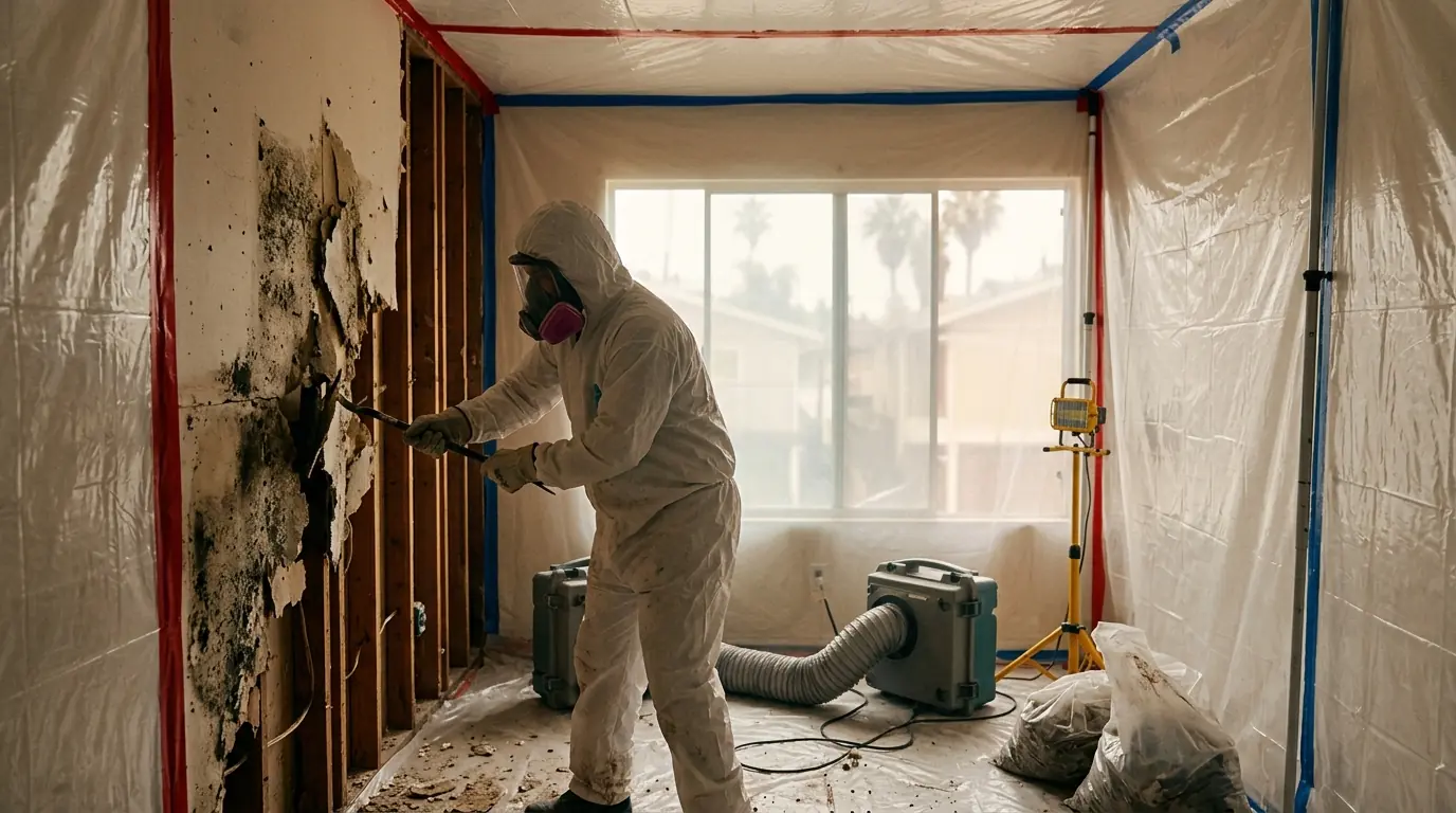 Negative air machine with a duct out a window in a Los Angeles apartment