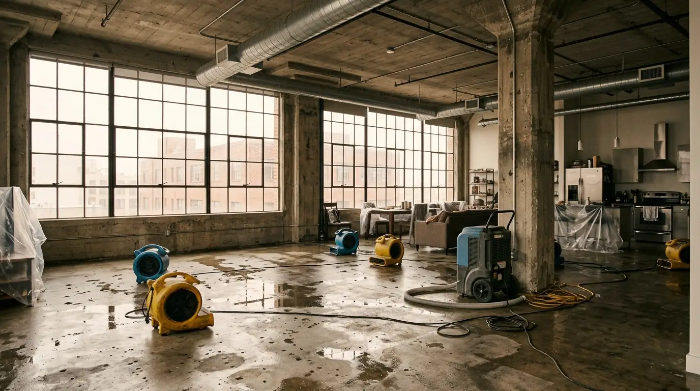Downtown Los Angeles loft apartment with a wet concrete floor and drying equipment under exposed ductwork