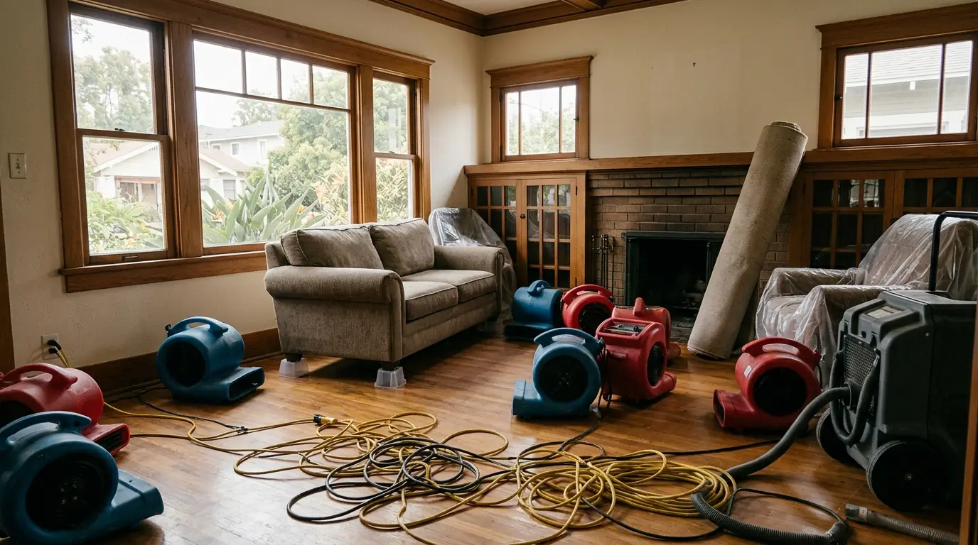 Long Beach craftsman bungalow with air movers drying a living room floor