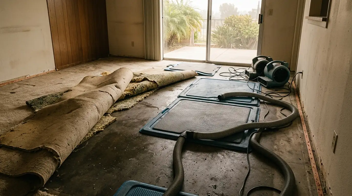 Granada Hills ranch house with carpet pulled back from a wet slab and drying mats