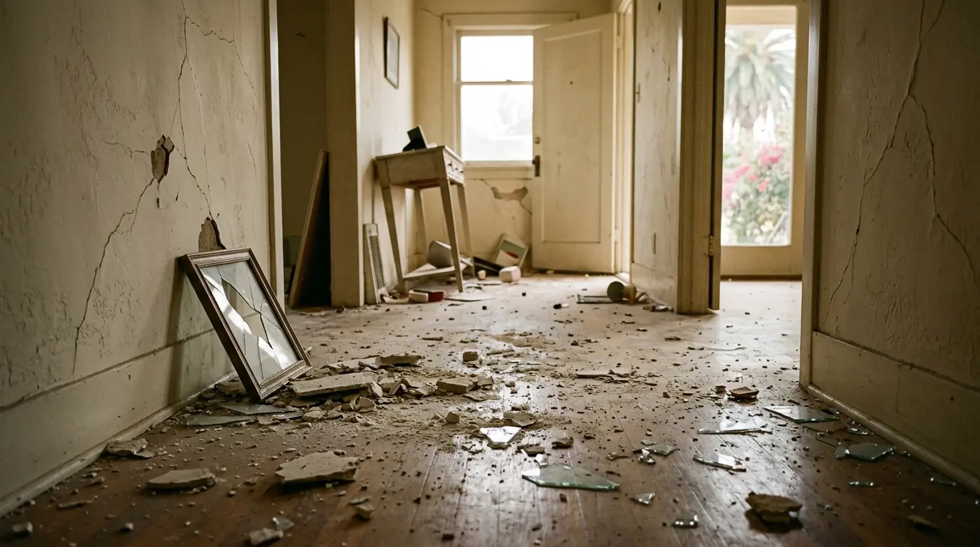 Cracked plaster and broken glass on a hallway floor after a quake