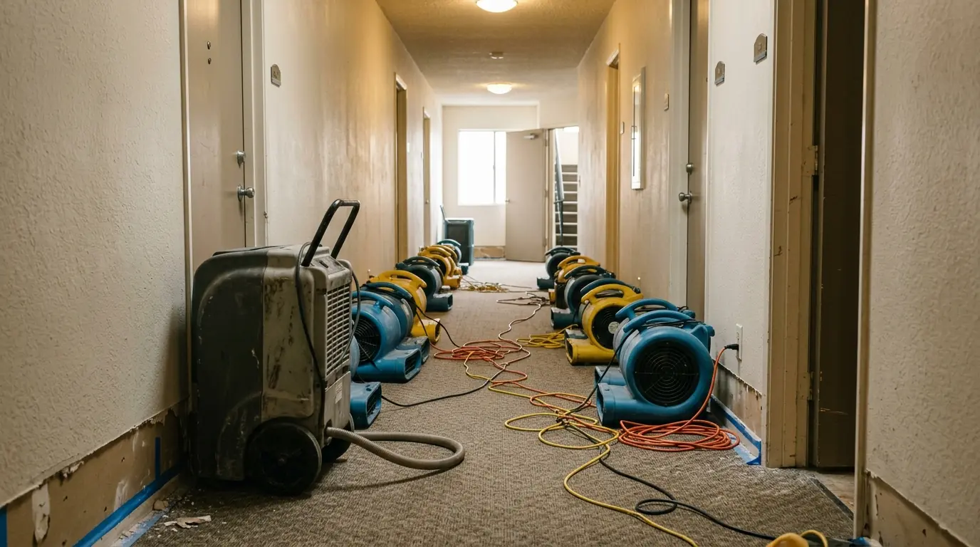 Property manager and technician reviewing a moisture map in a corridor