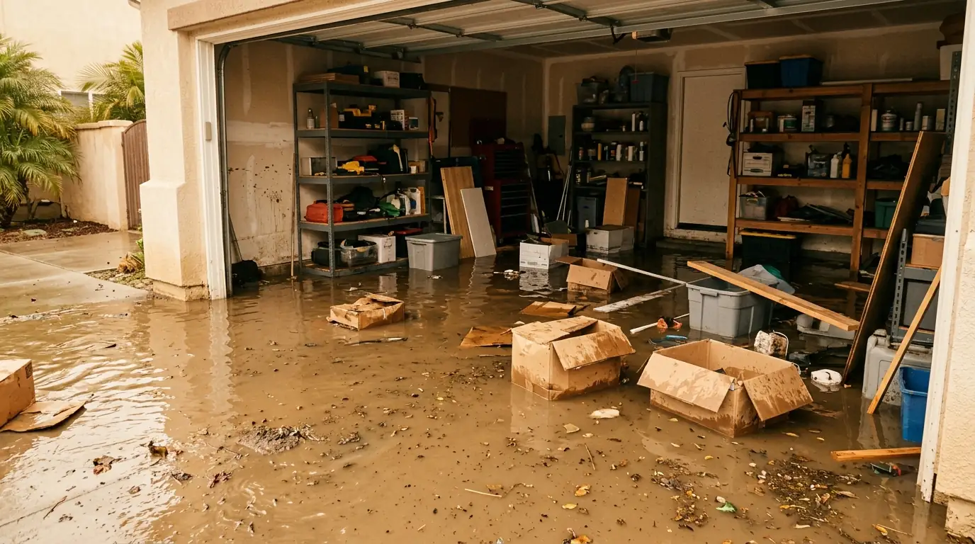 Muddy rainwater across a Los Angeles garage floor