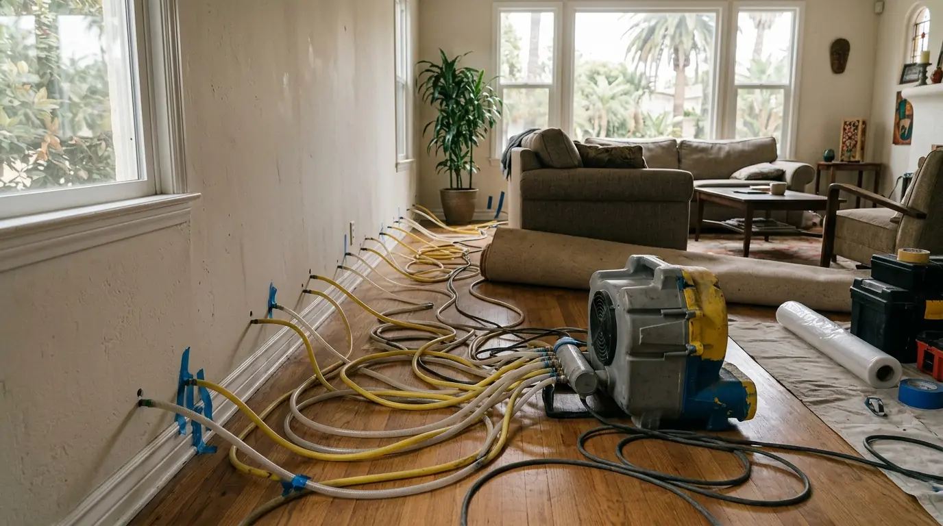 Low-grain dehumidifier running in a Los Angeles hallway