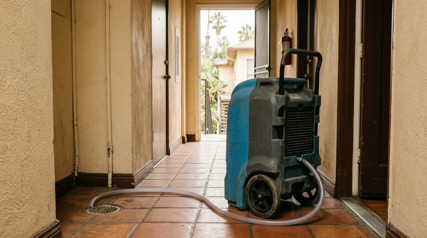 Wall cavity drying system with hoses behind removed baseboards