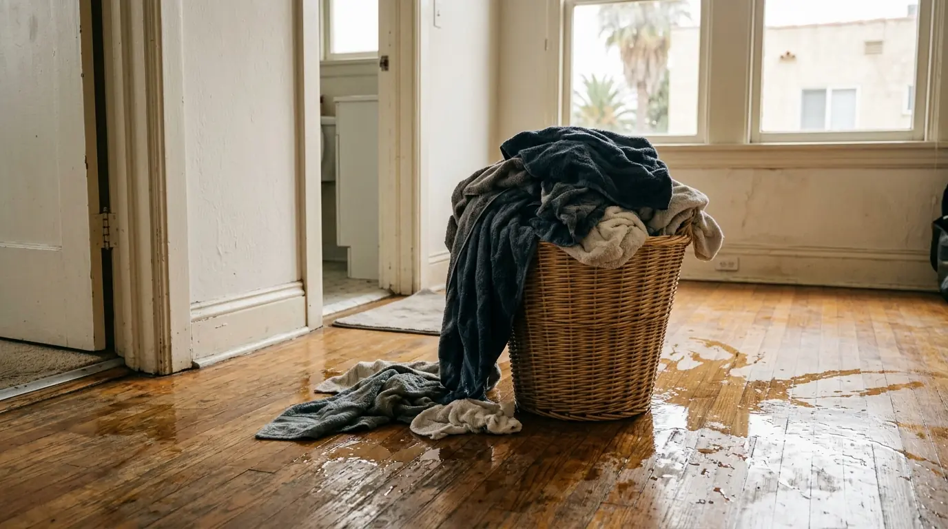 Wet floor with a basket of soaked towels in a Los Angeles apartment