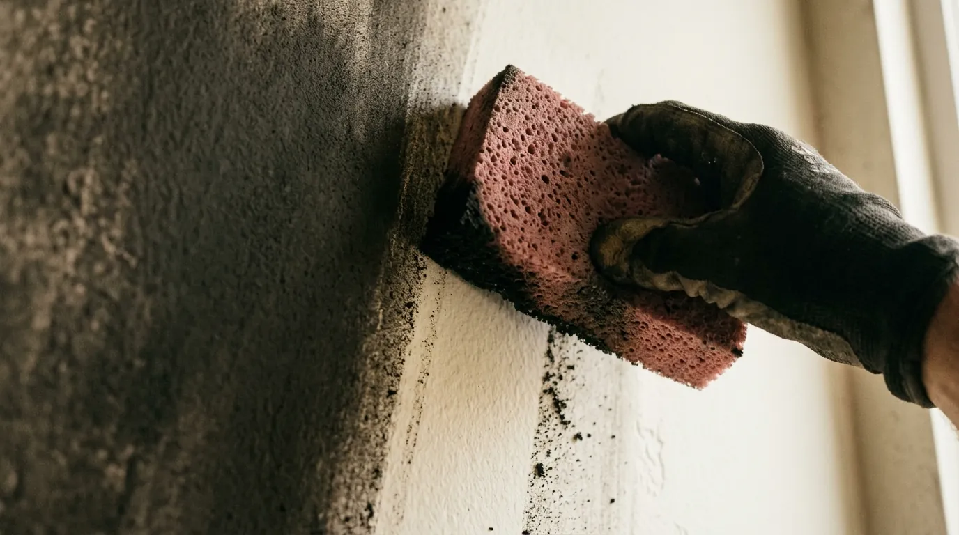 Chemical sponge lifting a clean stripe through soot on a wall