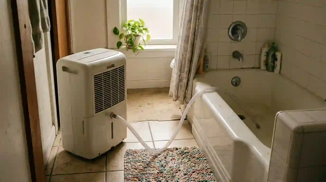 Dehumidifier draining into a bathtub in a Los Angeles apartment