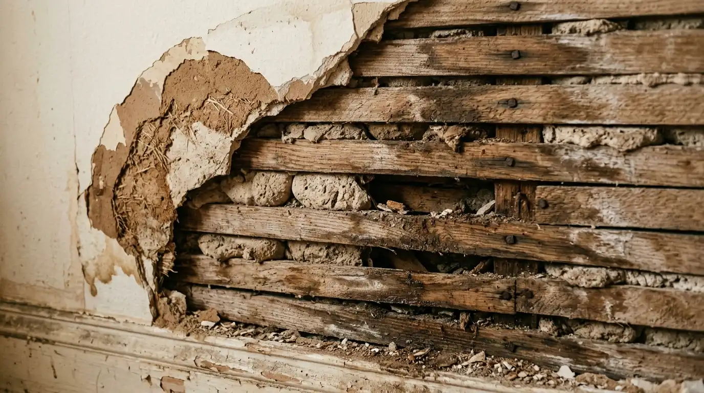 Plasterer skim coating a repaired wall in a 1920s Los Angeles living room