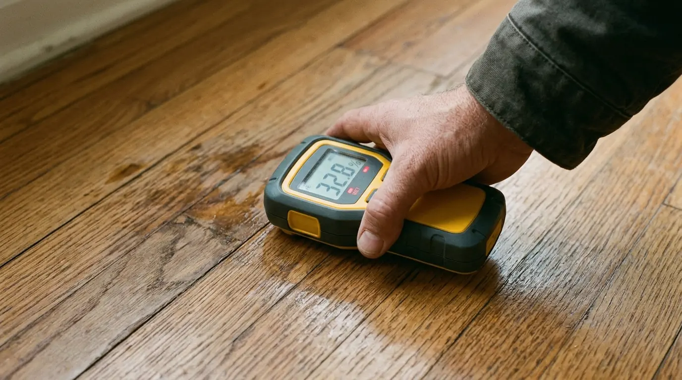 Moisture meter on a wood floor showing a wet reading