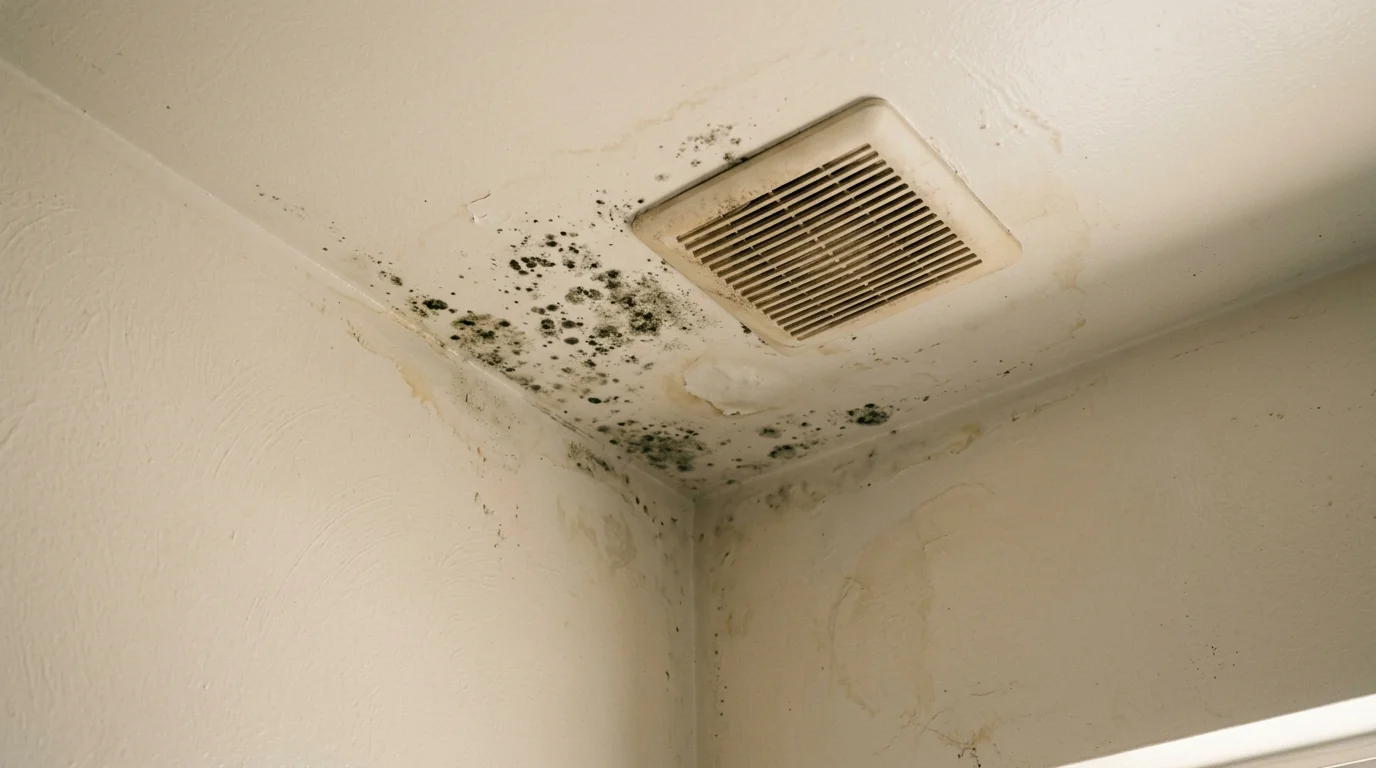 Mold spots on a bathroom ceiling corner near a fan in Los Angeles
