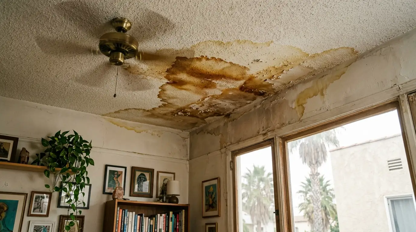 Brown water stain spreading across a textured ceiling