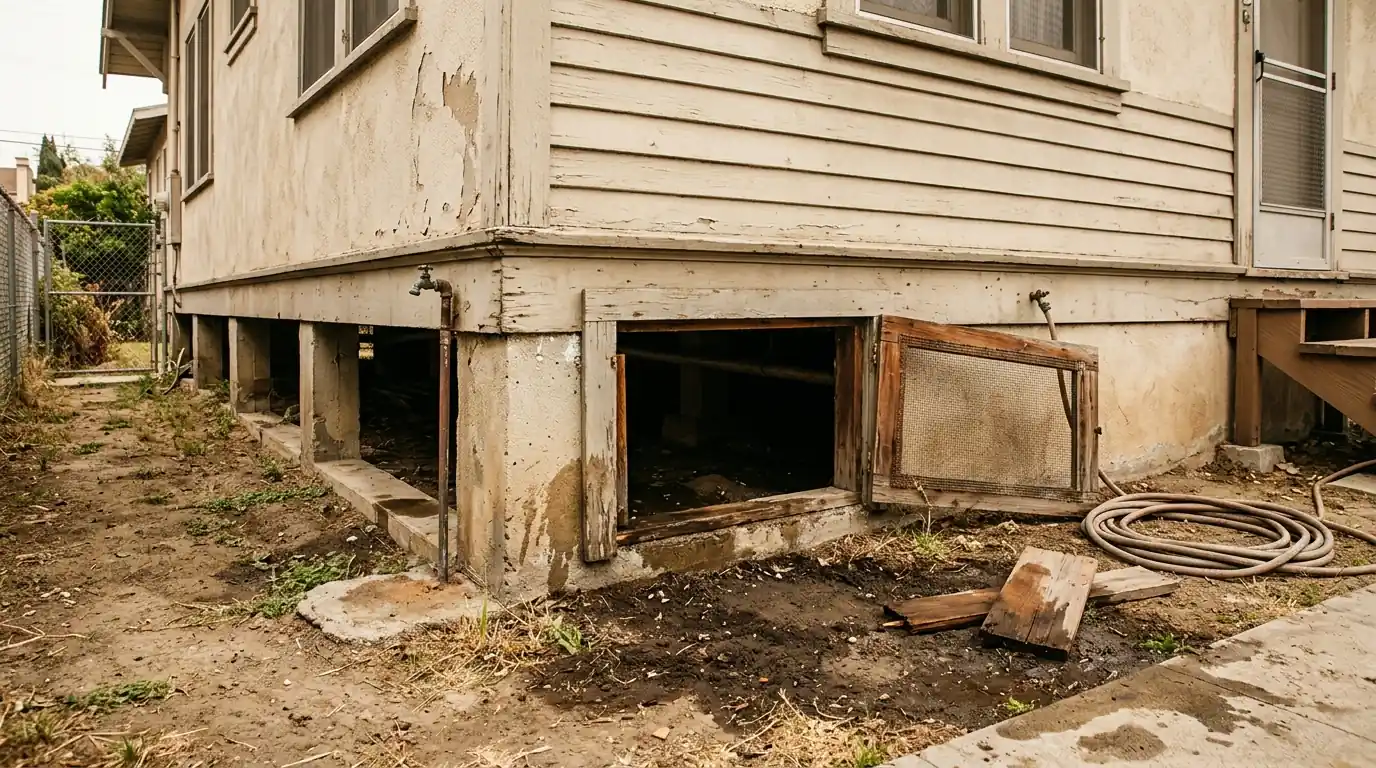 Boyle Heights older bungalow with a raised wood floor and an open crawl space vent after a leak