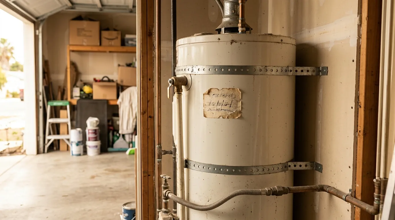 Water heater with a date sticker in a Los Angeles garage
